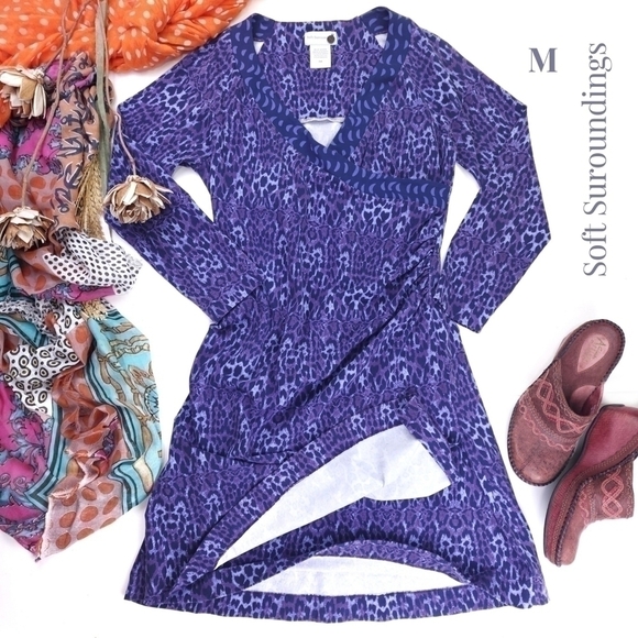 Soft Surroundings Purple Patterned Faux Wrapped Rouged Side Dress Sz PM - Picture 1 of 16